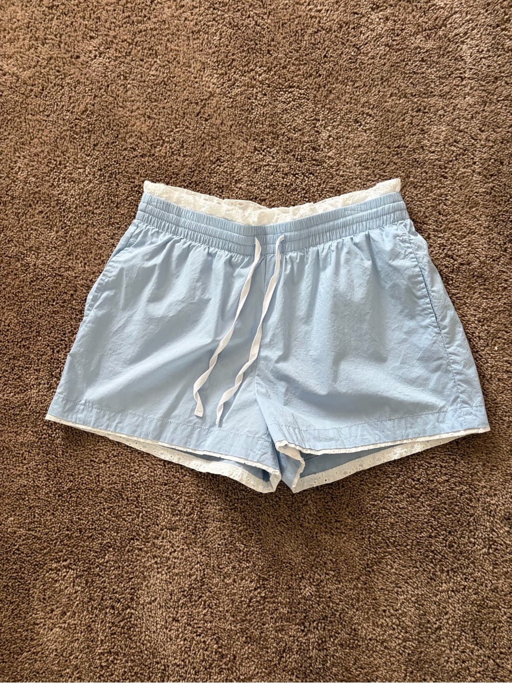 Light Blue Drawstring Shorts with Lace Waistband